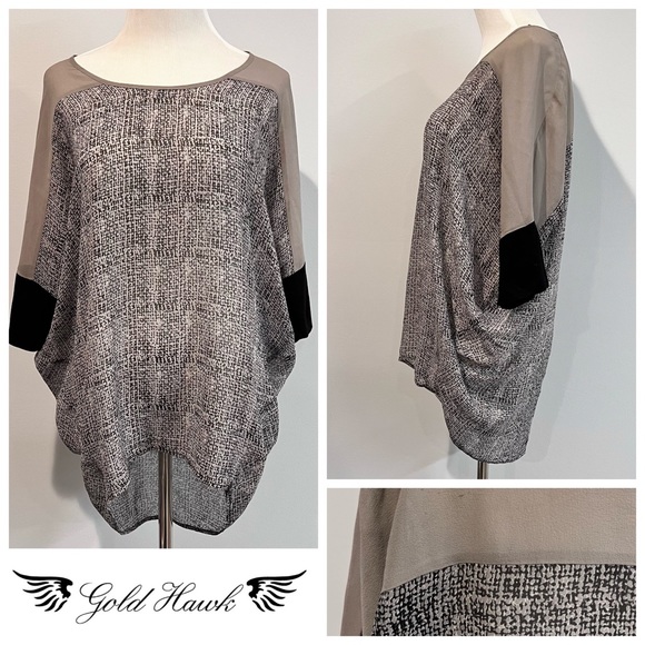 100% Silk Colorblock Sheer Blouse Tunic. Black & Grey XS Dolmain Sleeve - Picture 2 of 9